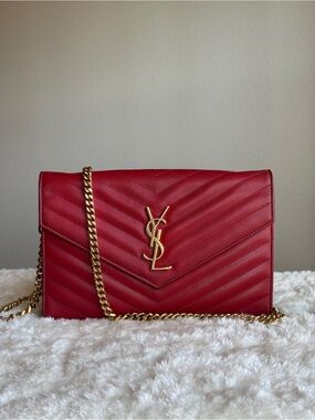 Saint Laurent Red Quilted Leather Chain Wallet